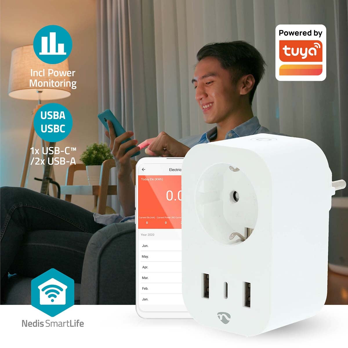 SmartLife Smart Plug | Wi-Fi | IP21 | Power meter | 3680 W | Type F (CEE 7/7) / 1x USB-C™ / 2x USB | 0 - 55 °C | Android™ / IOS | White | 1 pcs