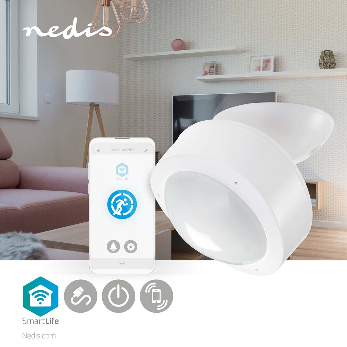 SmartLife Smart motion sensor | Wi-Fi | Battery operated / Power adapter | Detector angle: 120 ° | Detector range: 10.0 m | White