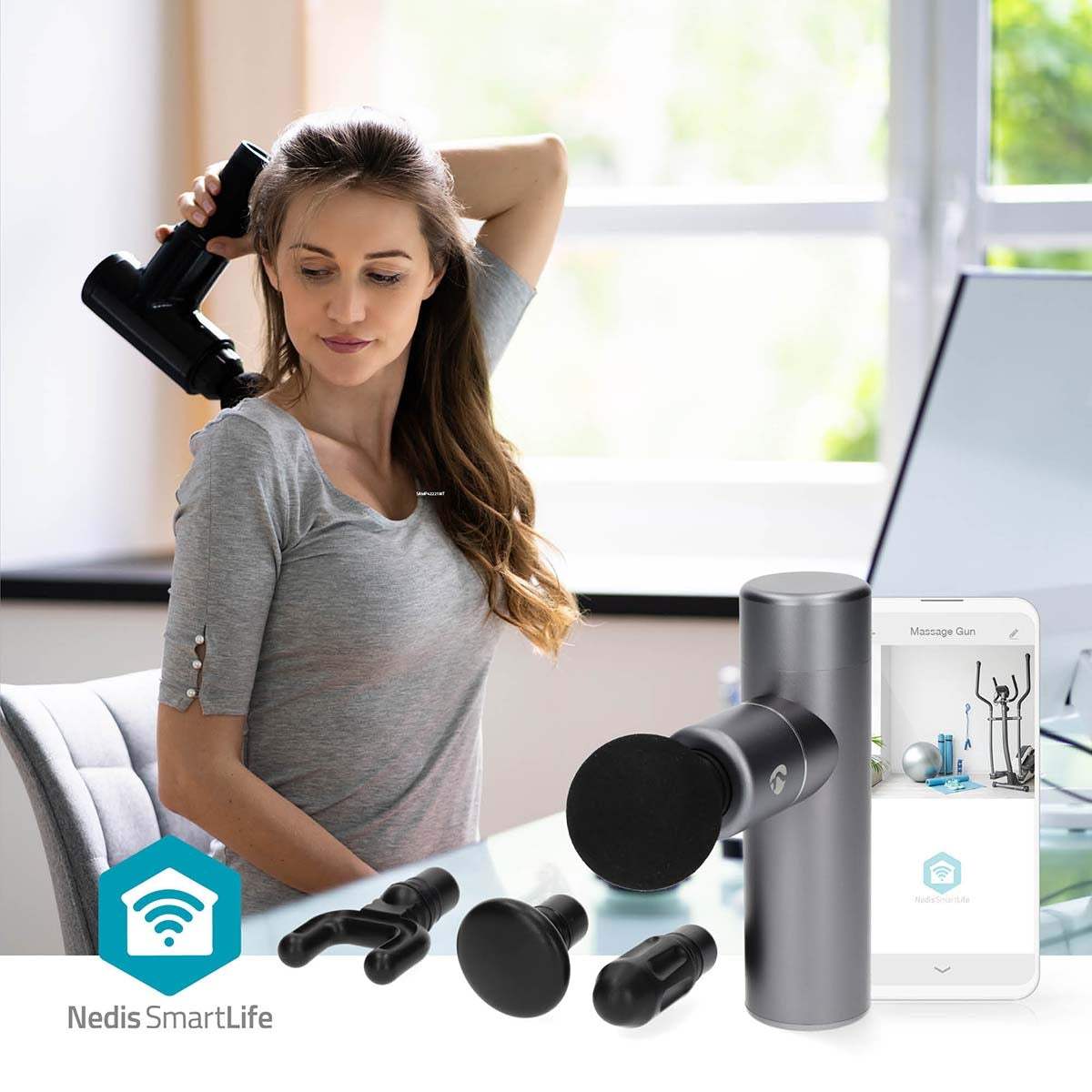 SmartLife Sports Massage Gun | Accu Powered | N/A | Rechargeable | 5 Massage Modes | Conical Head / Drawstring Bag / Flat Head / Spherical Head / U-shape Head | Dark Grey