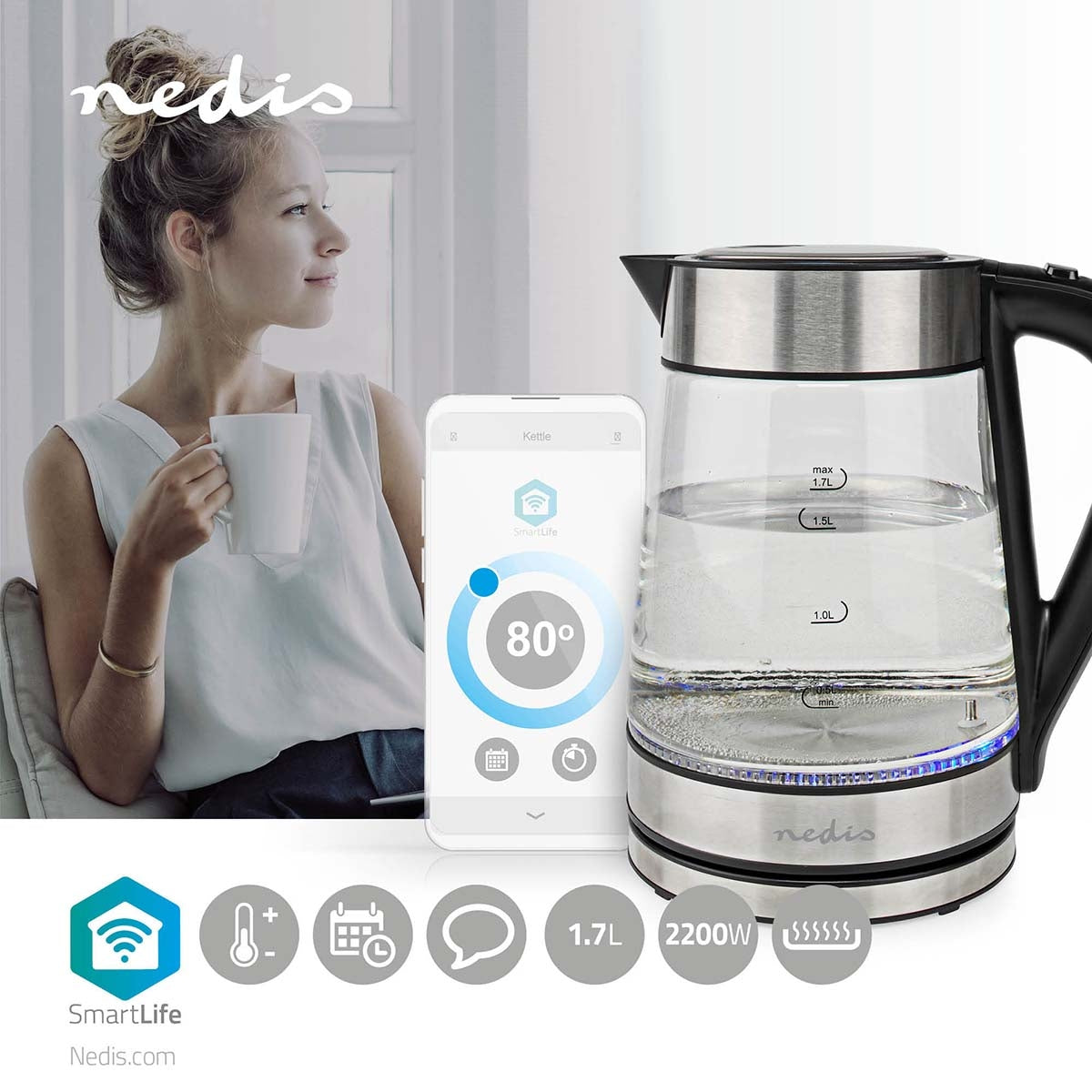 SmartLife Water boiler | Wi-Fi | 1.7 l | Glass | 40,60,70,80,90,100 °C | Temperature indicator | Rotatable 360 degrees | Concealed heating element | Strix® Control | Cook-tort function | Android™ / IOS