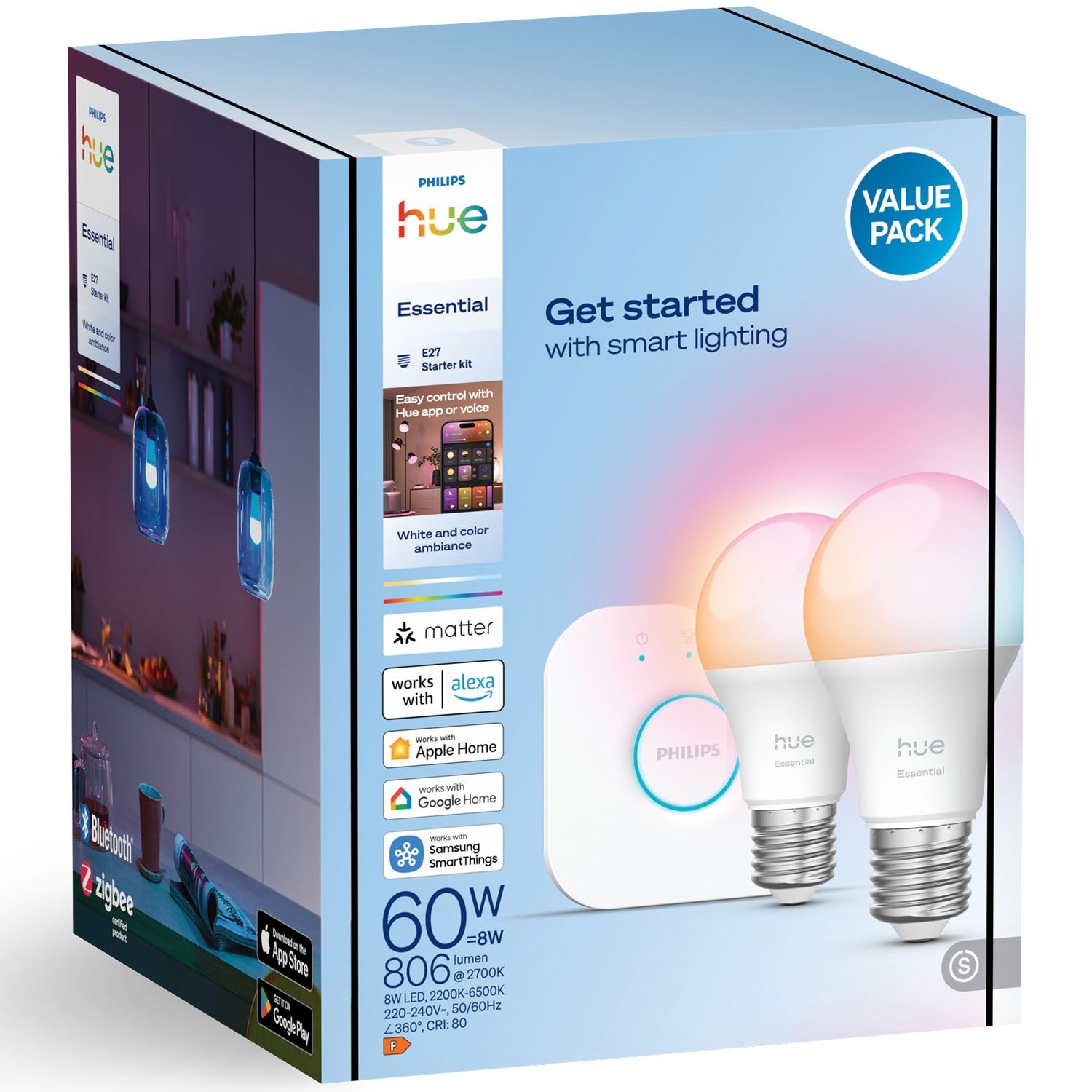 Smart Lighting Starter Kit, White & Color Ambiance, 2x E27 Bulbs + Bridge