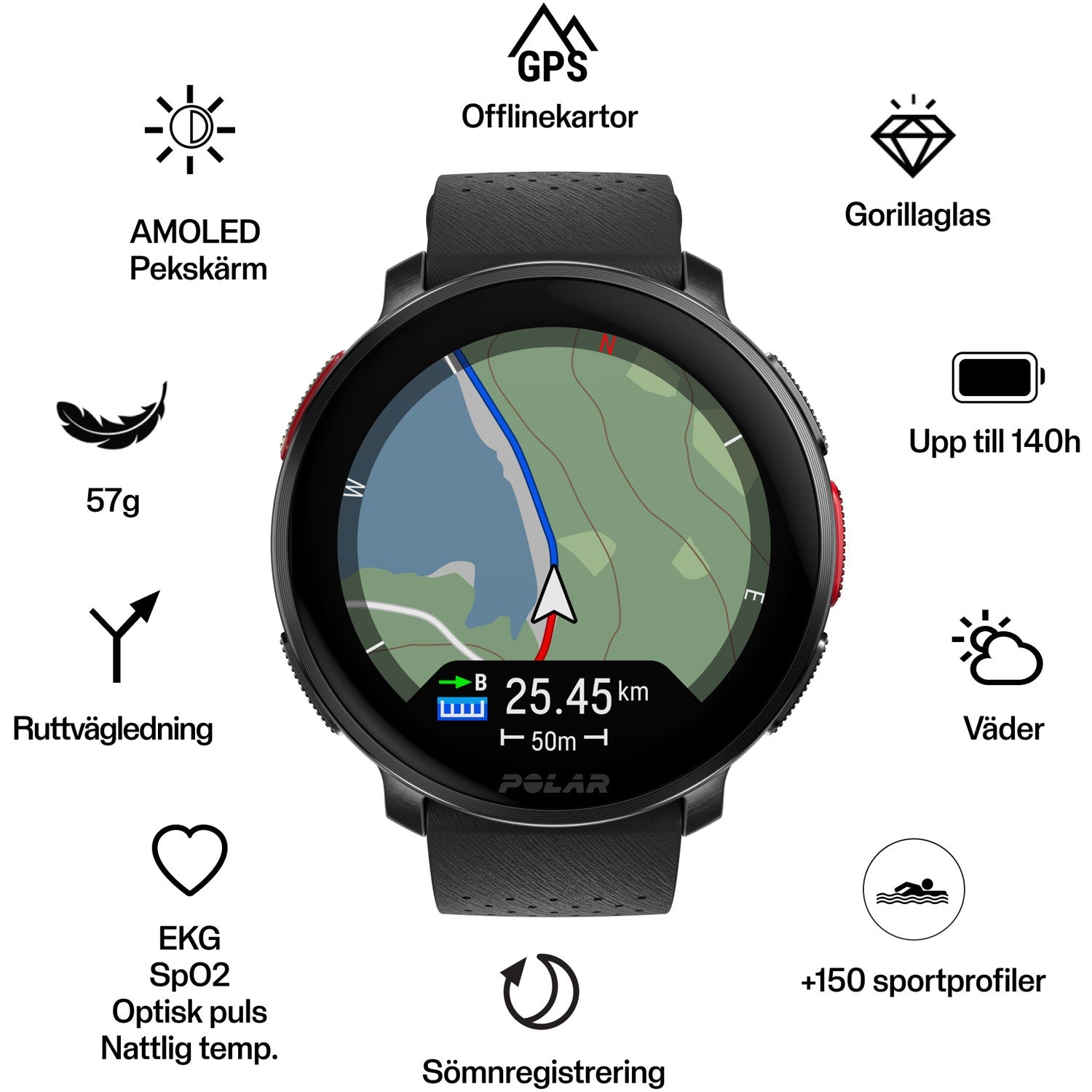 Smartwatch, Black, Small-Large Adjustable Strap