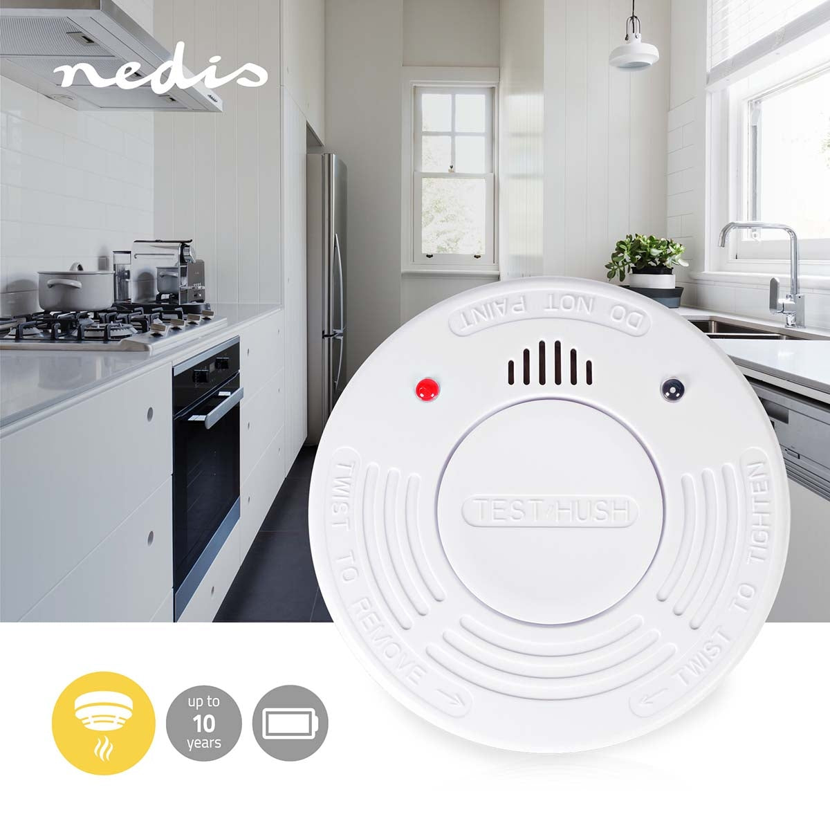 Smoke alarm | Battery powered | Battery life up to: 10 years | EN 14604 | With pause button | With test button | 85 dB| ABS | White