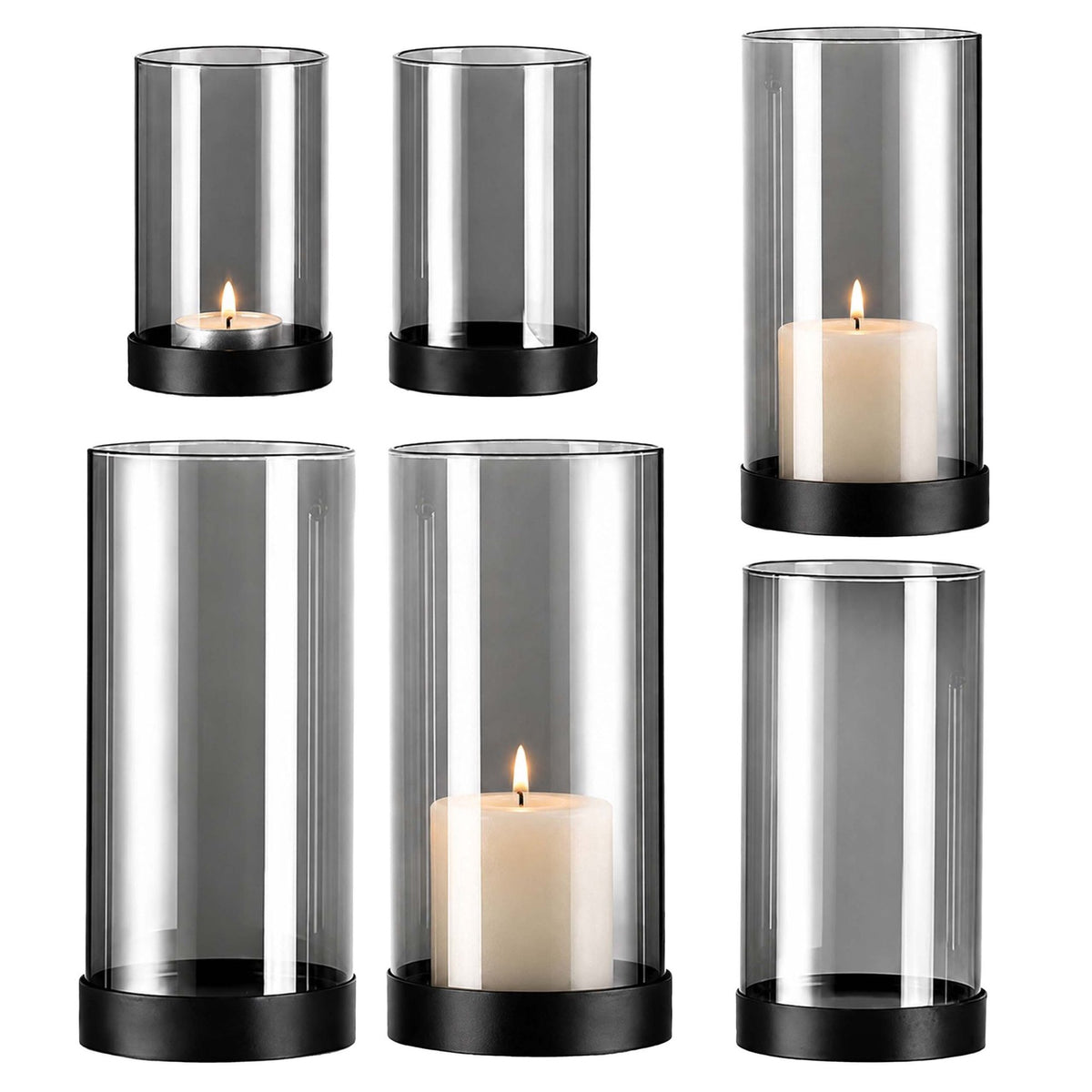 Smoked Glass Candle Holders Set of 6 with Metal Bases