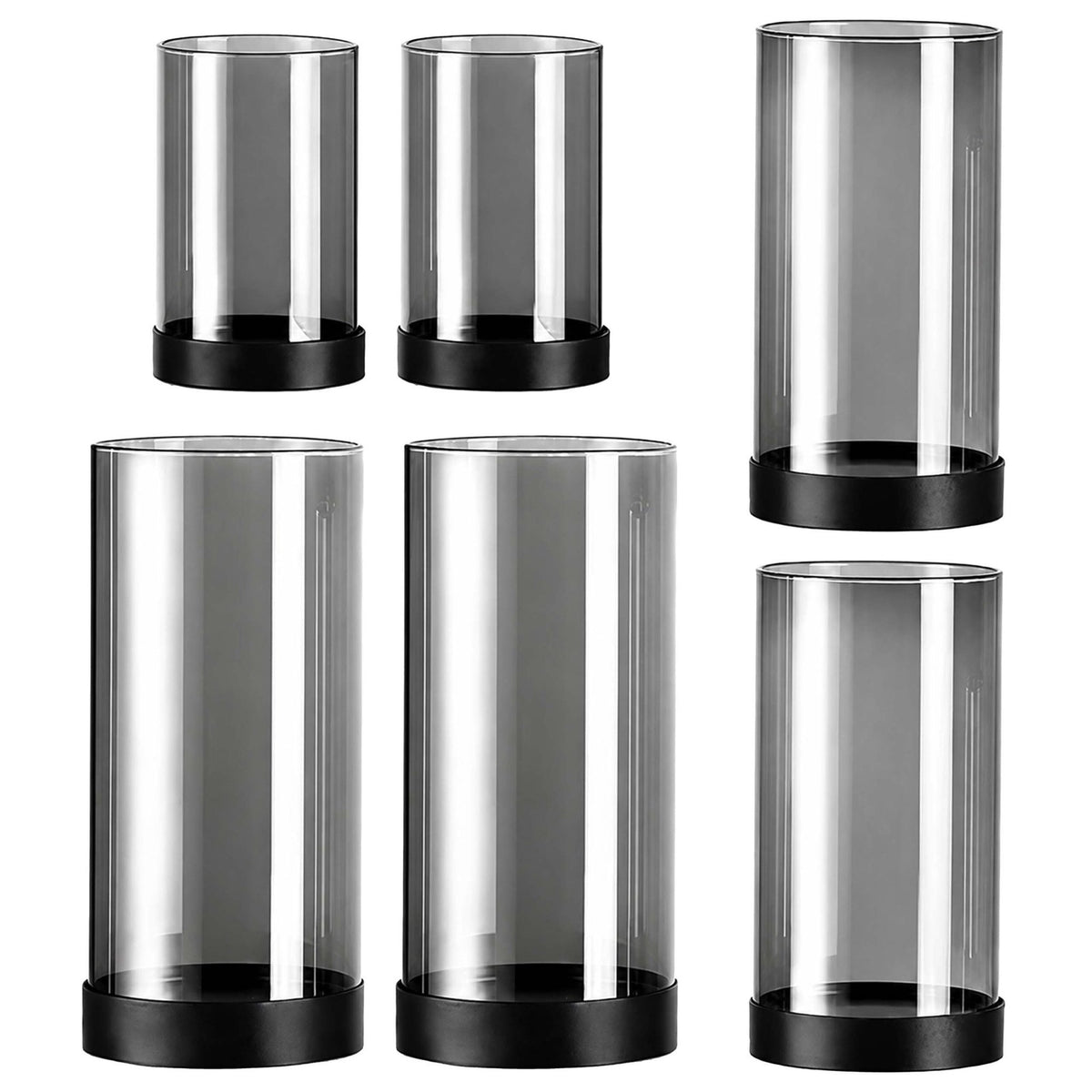 Smoked Glass Candle Holders Set of 6 with Metal Bases