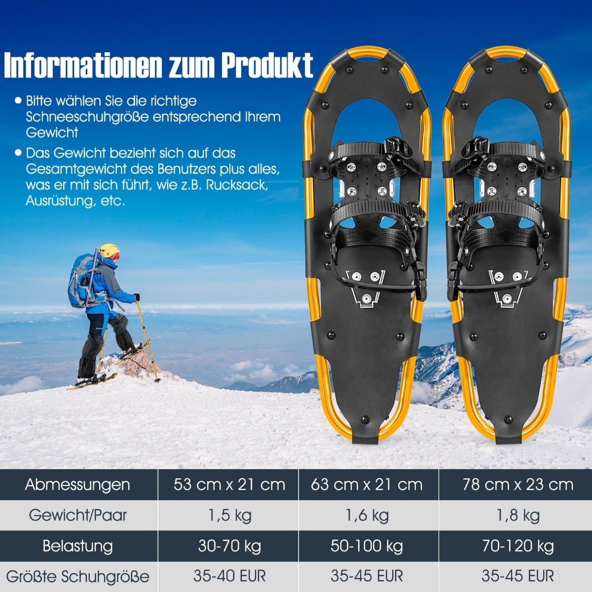 Snowshoe Set with Double Ratchet Binding, 63cm Gold