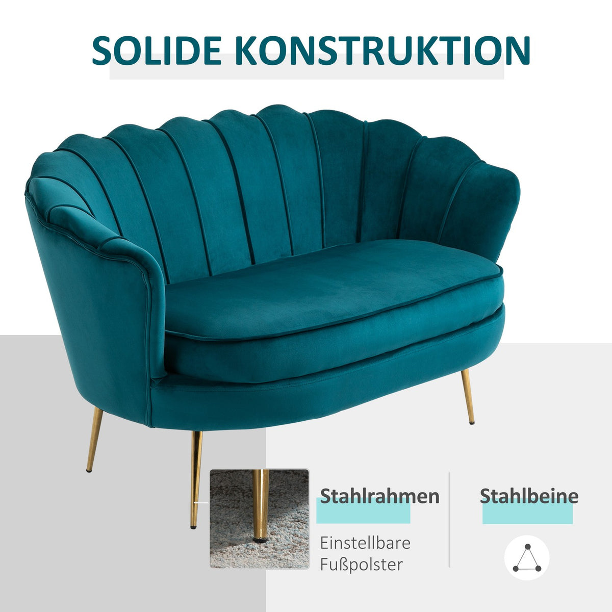 Sofa 2 Seater Couch with Armrests Thickly Padded Upholstered Sofa Modern Double Sofa with Velvet Look for Living Room Bedroom 130 x 77 x 77 cm Dark Green