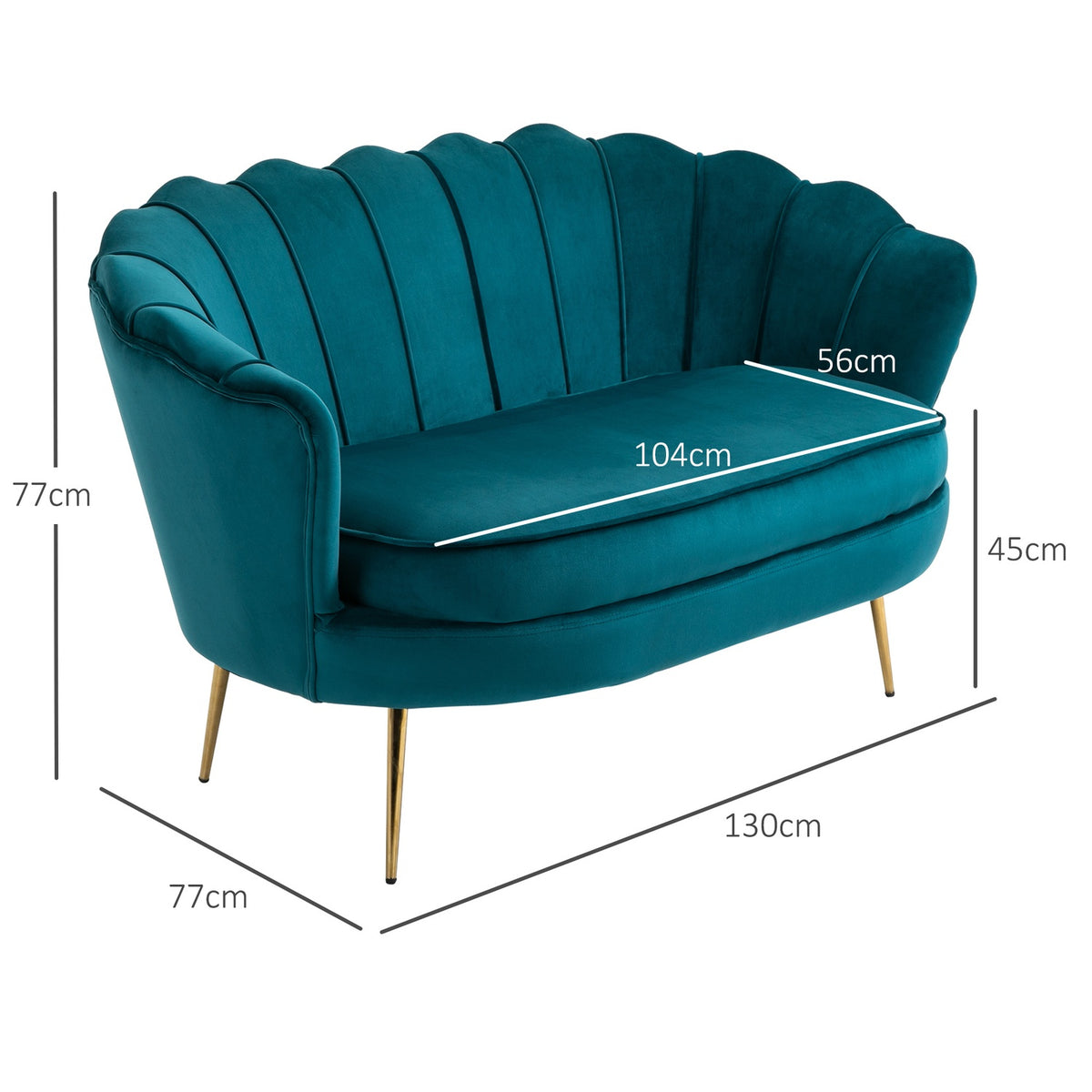 Sofa 2 Seater Couch with Armrests Thickly Padded Upholstered Sofa Modern Double Sofa with Velvet Look for Living Room Bedroom 130 x 77 x 77 cm Dark Green