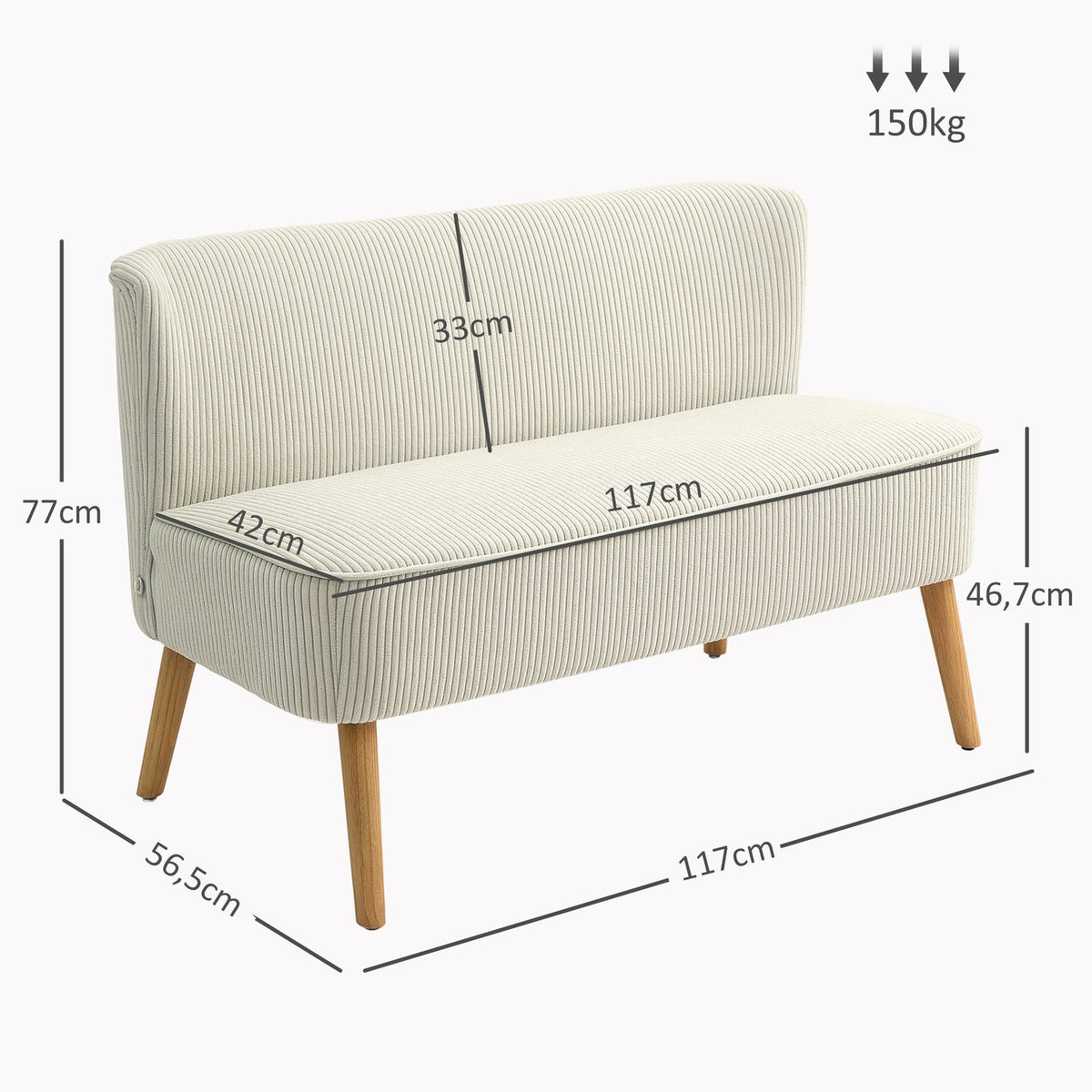 Sofa 2 seater modern couch without armrests, upholstered sofa with corduroy look, small lounge sofa with wooden legs for living room, 117 x 56.5 x 77 cm, cream white