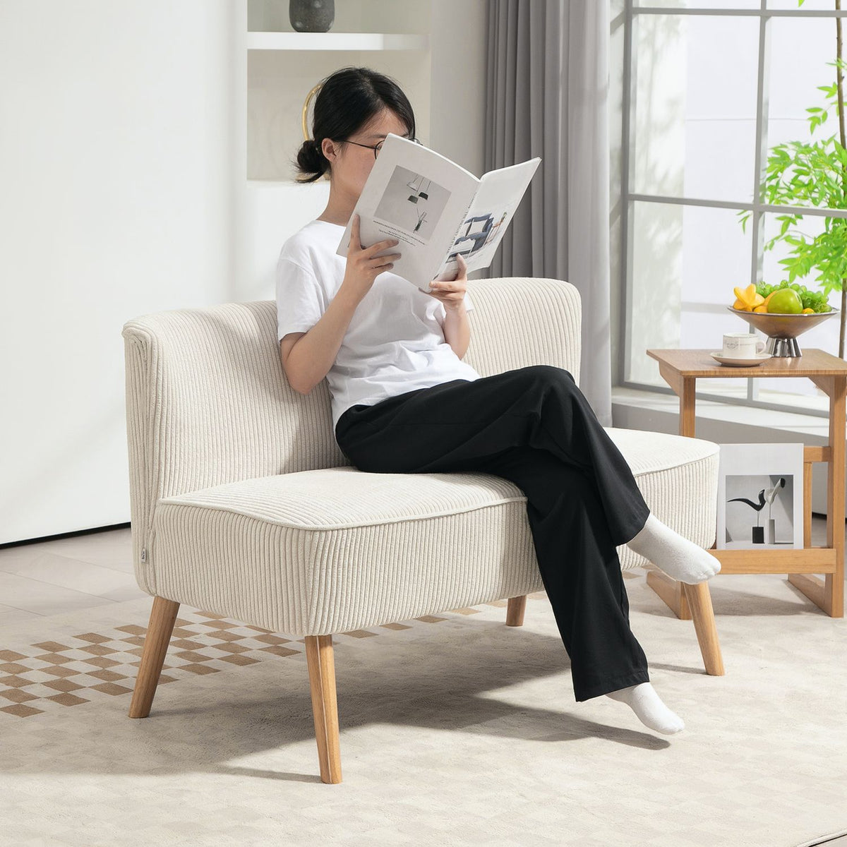 Sofa 2 seater modern couch without armrests, upholstered sofa with corduroy look, small lounge sofa with wooden legs for living room, 117 x 56.5 x 77 cm, cream white