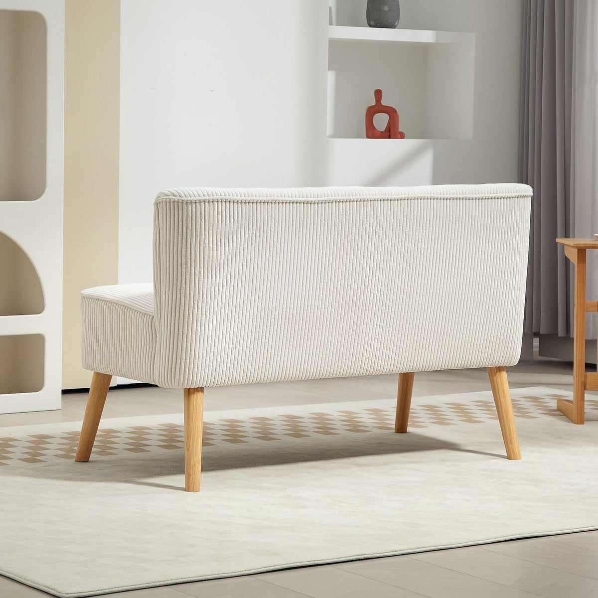 Sofa 2 seater modern couch without armrests, upholstered sofa with corduroy look, small lounge sofa with wooden legs for living room, 117 x 56.5 x 77 cm, cream white