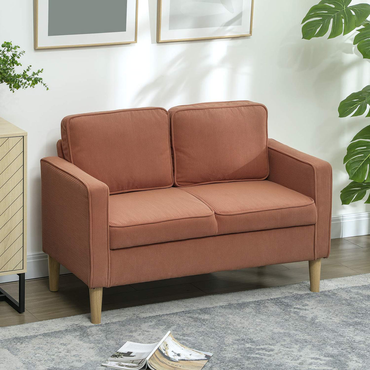 Sofa 2 seater small couch with armrests, storage space, modern upholstered sofa with cord look, wooden legs, cushions, lounge sofa for living room, bedroom, 117 x 63 x 79 cm, pink