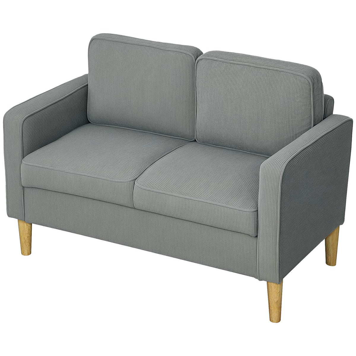 Sofa 2 seater small couch with armrests, storage space, modern upholstered sofa with corduroy look, wooden legs, cushions, lounge sofa for living room, bedroom, 117 x 63 x 79 cm, light gray