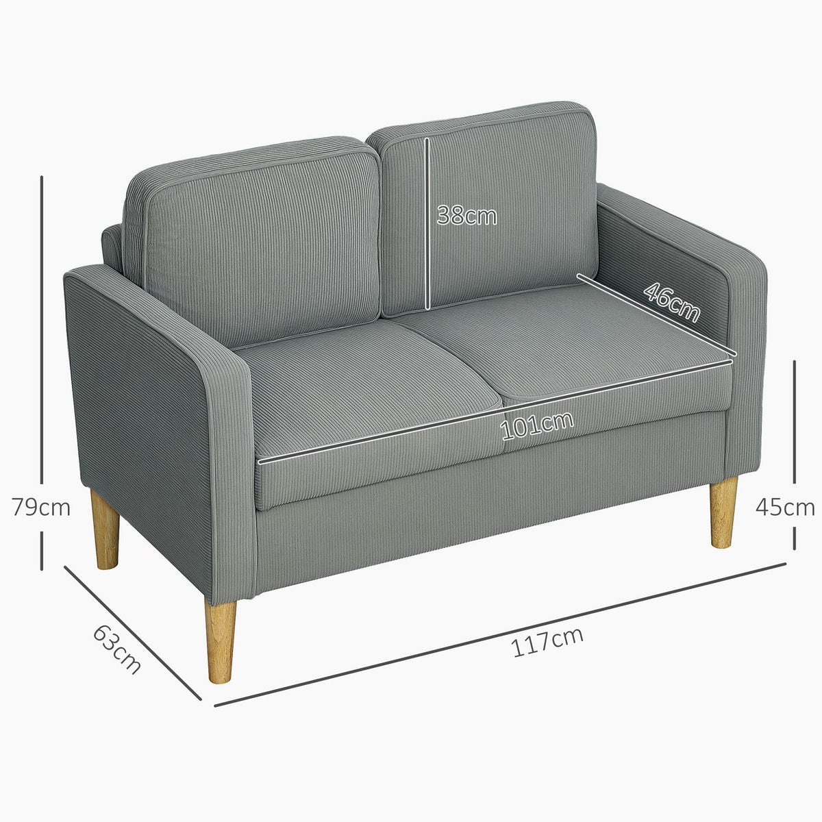 Sofa 2 seater small couch with armrests, storage space, modern upholstered sofa with corduroy look, wooden legs, cushions, lounge sofa for living room, bedroom, 117 x 63 x 79 cm, light gray