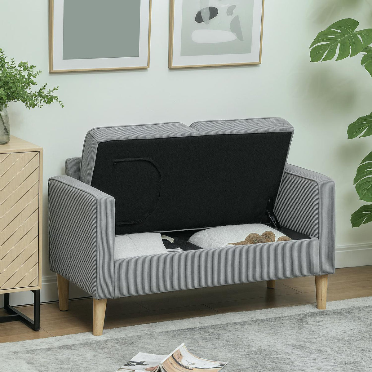 Sofa 2 seater small couch with armrests, storage space, modern upholstered sofa with corduroy look, wooden legs, cushions, lounge sofa for living room, bedroom, 117 x 63 x 79 cm, light gray