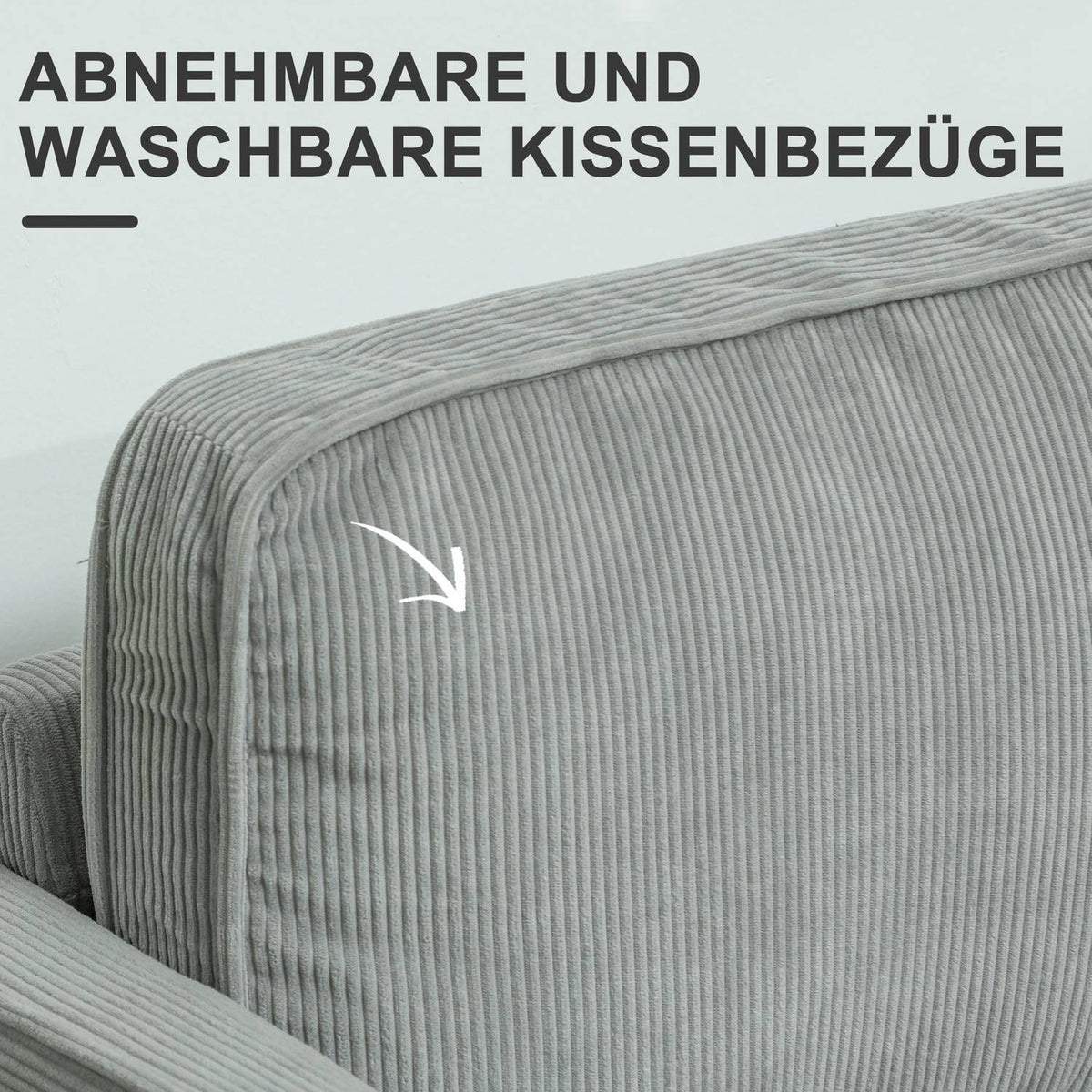 Sofa 2 seater small couch with armrests, storage space, modern upholstered sofa with corduroy look, wooden legs, cushions, lounge sofa for living room, bedroom, 117 x 63 x 79 cm, light gray