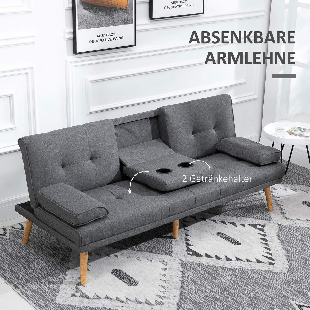 Sofa Bed 3-Seater Sofa Bed With Folding Table, Cup Holder, Scandi Design, Dark Gray, Up To 250Kg