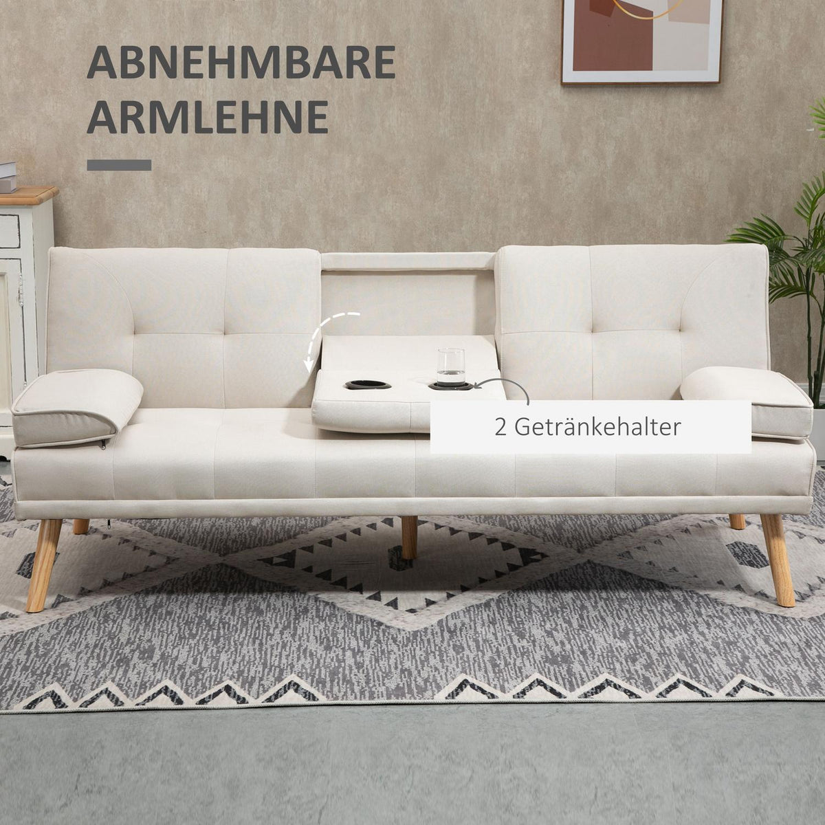 Sofa Bed, 3-Seater Sofa, Sofa Bed With Folding Table, Fabric Sofa With Linen Look, In Scandi Design, Load Capacity Up To 250 Kg