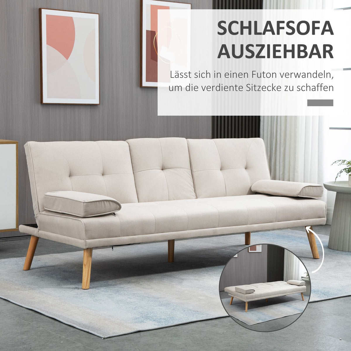 Sofa Bed, 3-Seater Sofa, Sofa Bed With Folding Table, Fabric Sofa With Linen Look, In Scandi Design, Load Capacity Up To 250 Kg