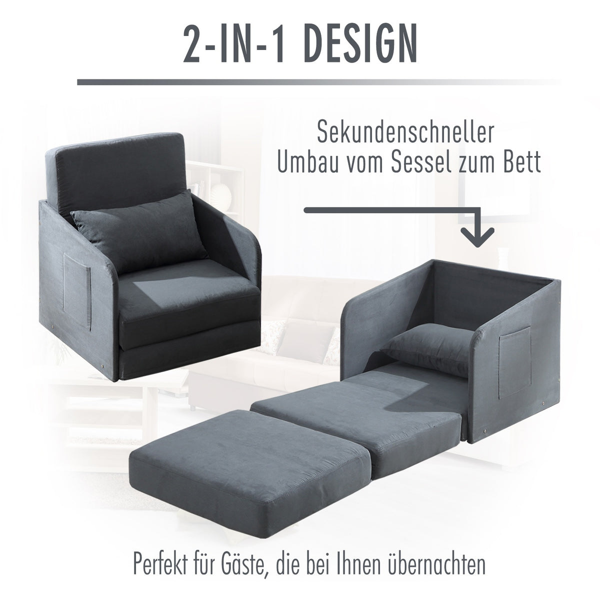 Sofa Bed 70X76X77Cm Sofa Bed, Single Sofa With Washable Cover, 2 Side Pockets, Cushions, Metal, Gray