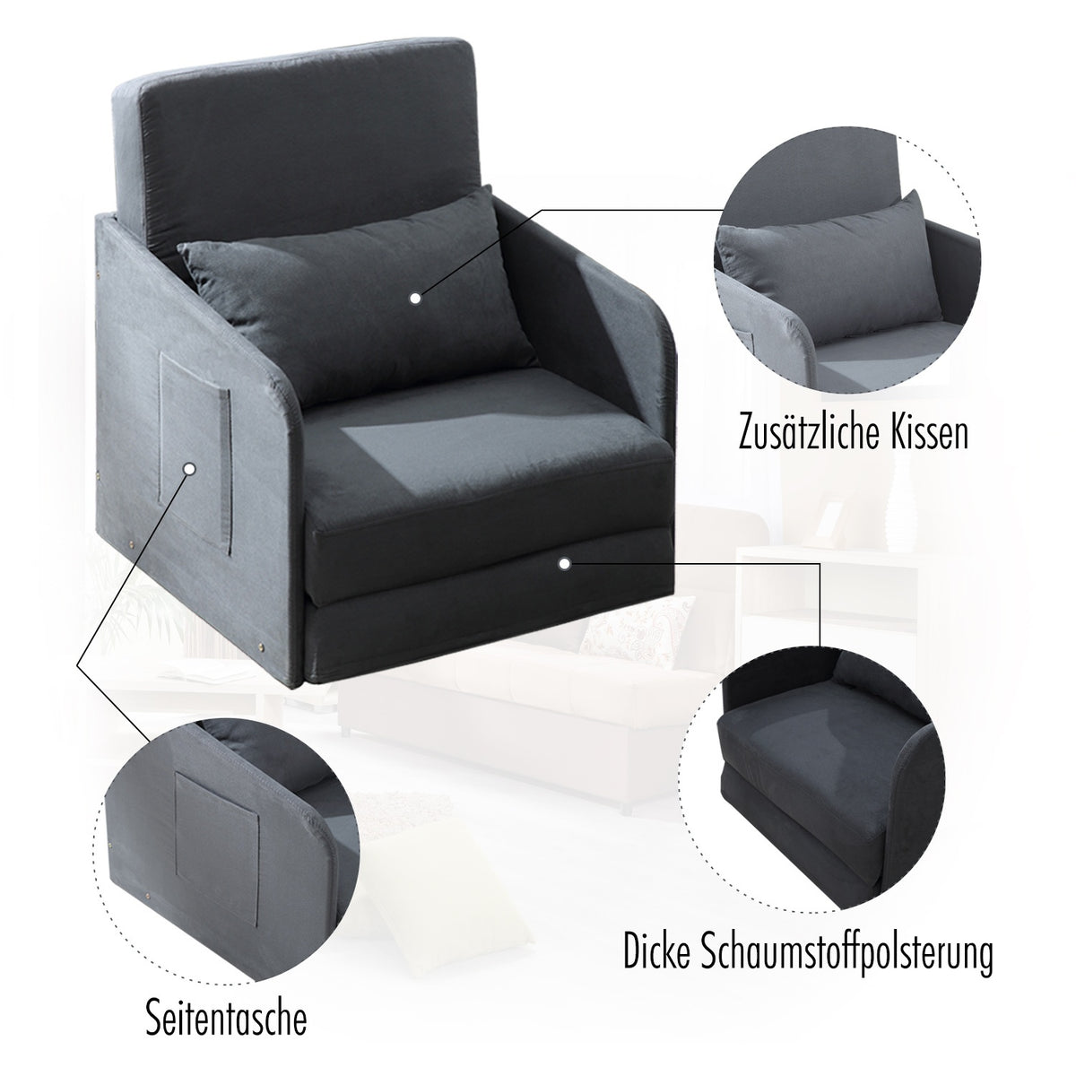 Sofa Bed 70X76X77Cm Sofa Bed, Single Sofa With Washable Cover, 2 Side Pockets, Cushions, Metal, Gray