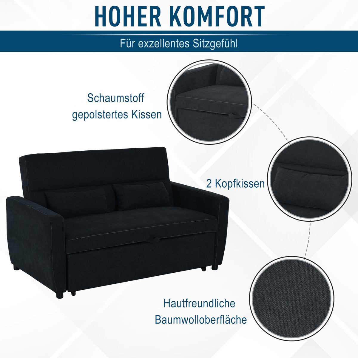 Sofa Bed, Folding Sofa, 2-Seater Fabric Sofa, Sofa Bed, Sofa With Sleep Function, Sofa Set, Adjustable Angle, Black, 148 X 82 X 89 Cm
