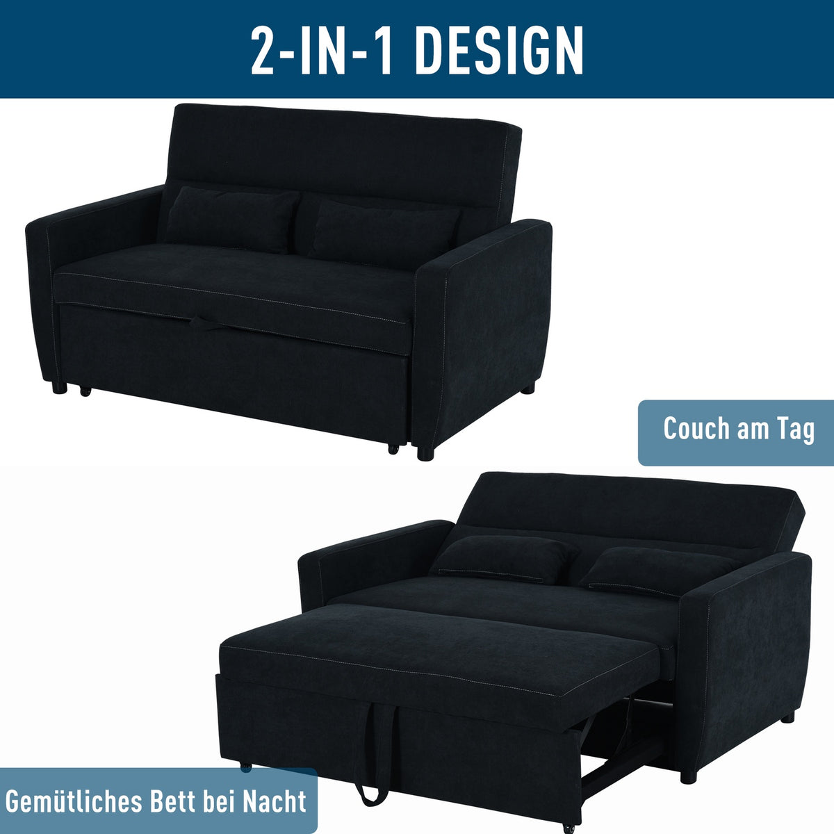 Sofa Bed, Folding Sofa, 2-Seater Fabric Sofa, Sofa Bed, Sofa With Sleep Function, Sofa Set, Adjustable Angle, Black, 148 X 82 X 89 Cm