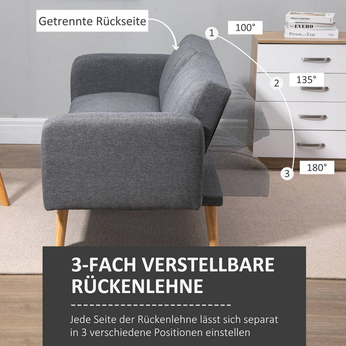 Sofa Bed, Folding Sofa, 2-Seater, Sofa Bed With Sleeping Function, Linen-Like Polyester, Rubber Wood, Gray, 173X75X73Cm