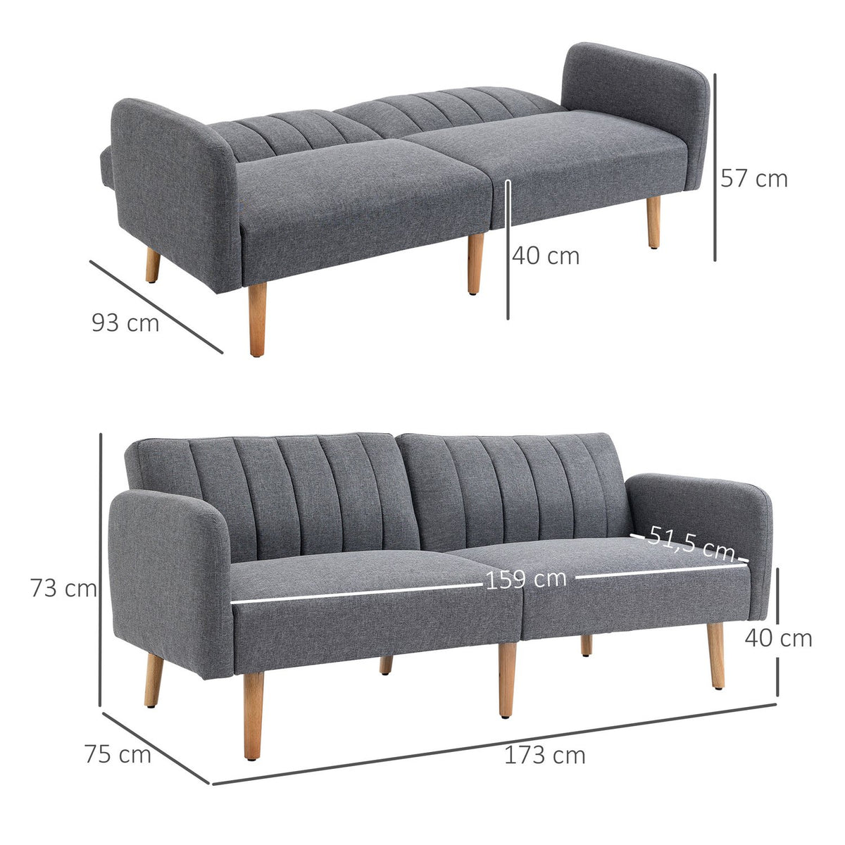 Sofa Bed, Folding Sofa, 2-Seater, Sofa Bed With Sleeping Function, Linen-Like Polyester, Rubber Wood, Gray, 173X75X73Cm