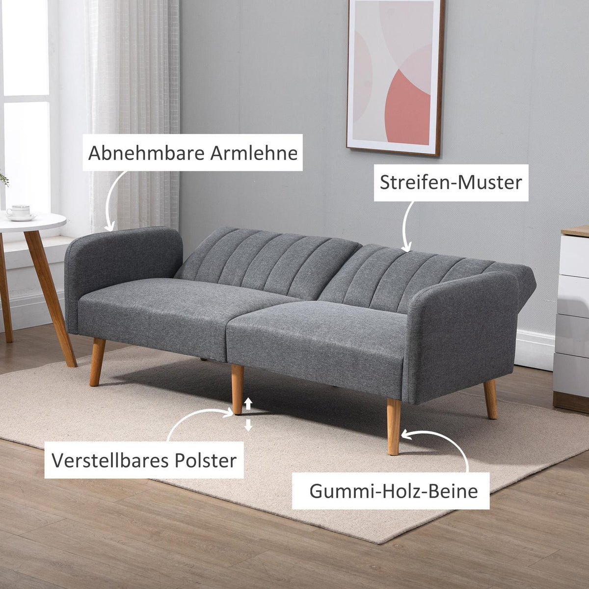 Sofa Bed, Folding Sofa, 2-Seater, Sofa Bed With Sleeping Function, Linen-Like Polyester, Rubber Wood, Gray, 173X75X73Cm