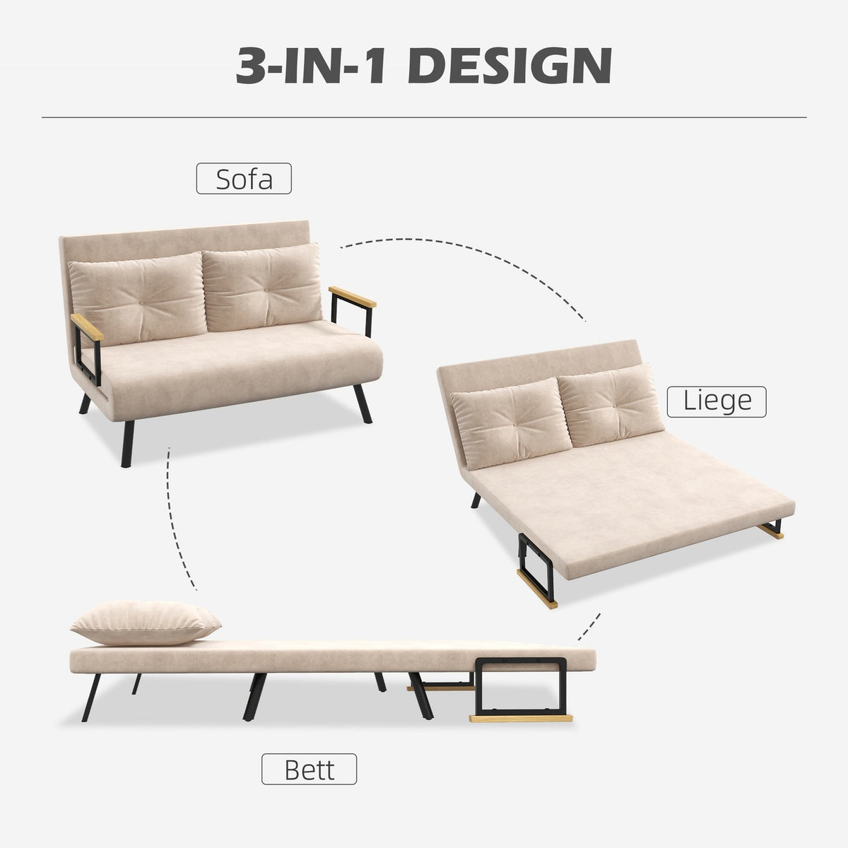 Sofa Bed, Relaxation Chair With Bed Function, Folding Sofa With Velvet Look, Back Cushion, Upholstered Sofa With Adjustable Backrest, Beige, 102 X 73 X 81 Cm