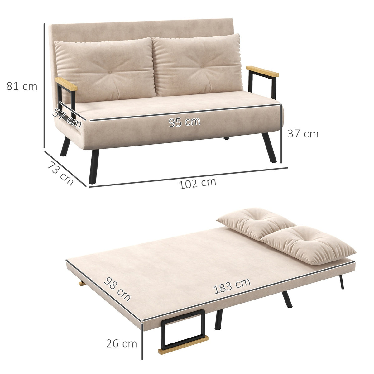Sofa Bed, Relaxation Chair With Bed Function, Folding Sofa With Velvet Look, Back Cushion, Upholstered Sofa With Adjustable Backrest, Beige, 102 X 73 X 81 Cm