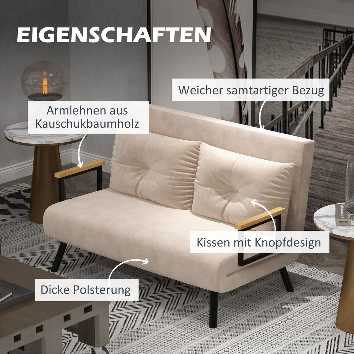 Sofa Bed, Relaxation Chair With Bed Function, Folding Sofa With Velvet Look, Back Cushion, Upholstered Sofa With Adjustable Backrest, Beige, 102 X 73 X 81 Cm