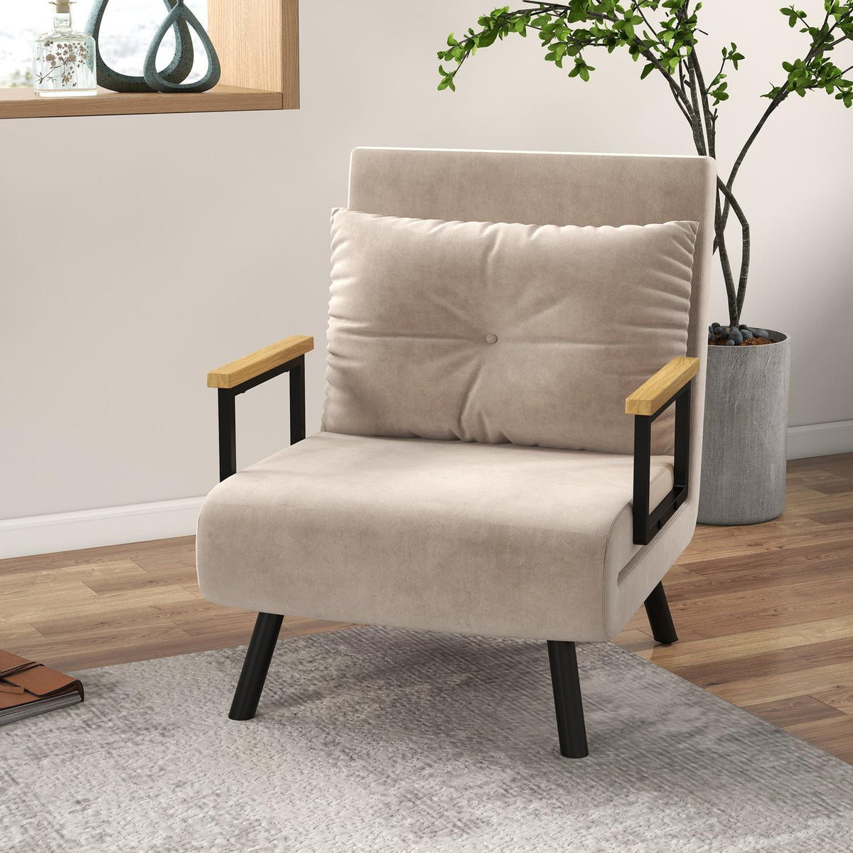 Sofa Bed, Relaxation Chair With Bed Function, Guest Bed With Velvet Look, Back Cushion, Upholstered Sofa With Adjustable Backrest, Beige, 63 X 73 X 81 Cm