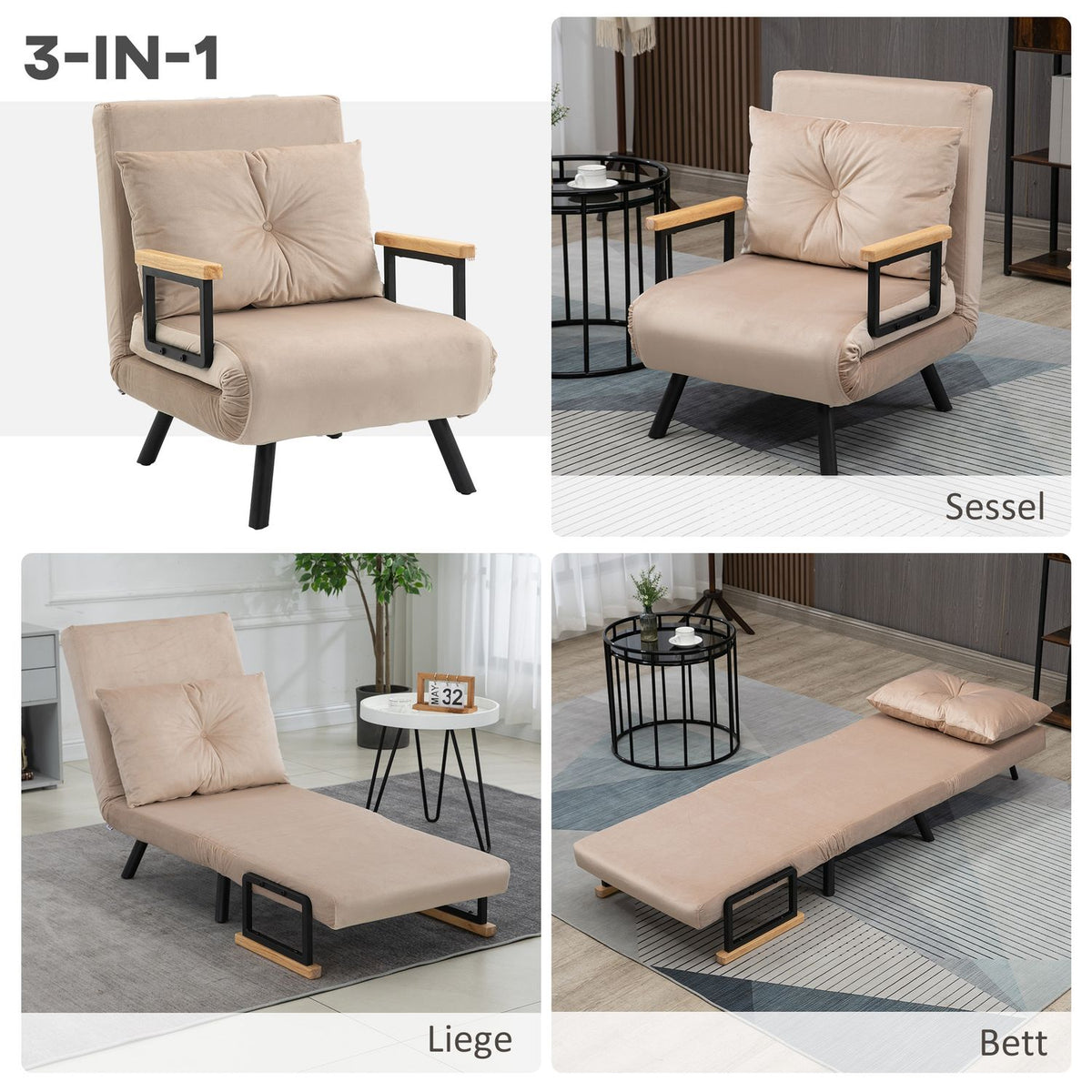 Sofa Bed, Relaxation Chair With Bed Function, Guest Bed With Velvet Look, Back Cushion, Upholstered Sofa With Adjustable Backrest, Beige, 63 X 73 X 81 Cm