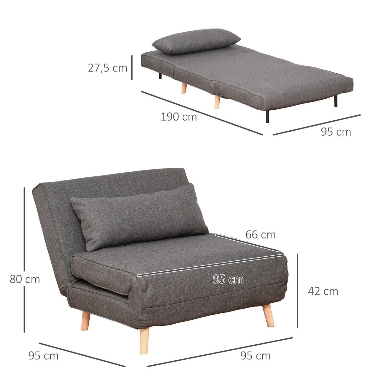 Sofa Bed, Single Sofa, Small, Folding Sofa With Adjustable Backrest, Scandinavian, Gray, 95X95X80Cm