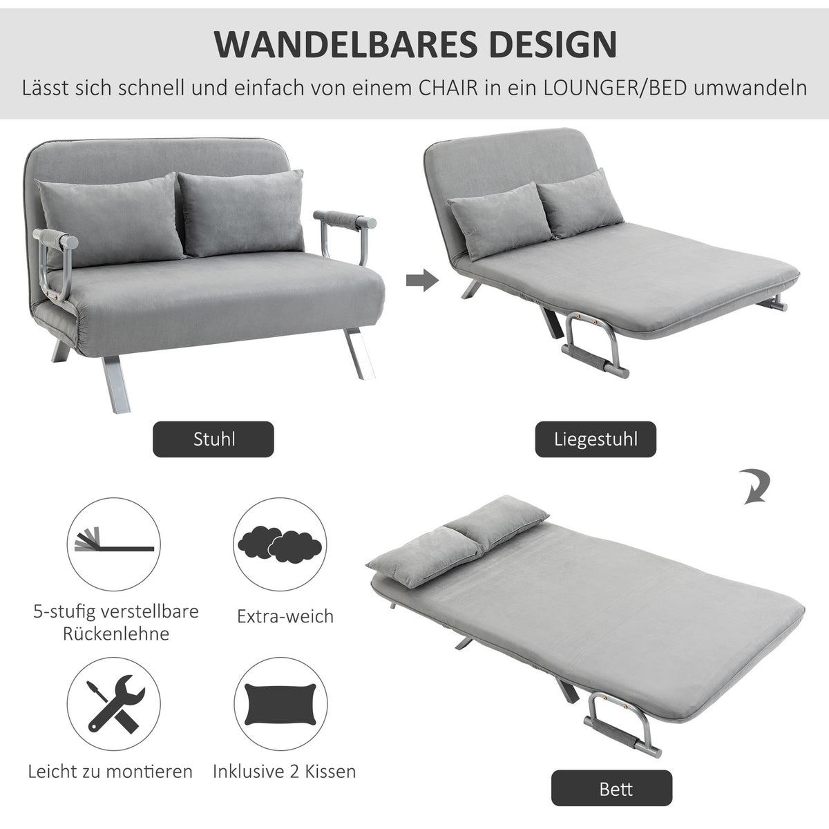 Sofa Bed Two-Seater Bed Function & Cushions, Adjustable Sofa, Up To 150Kg, Light Grey