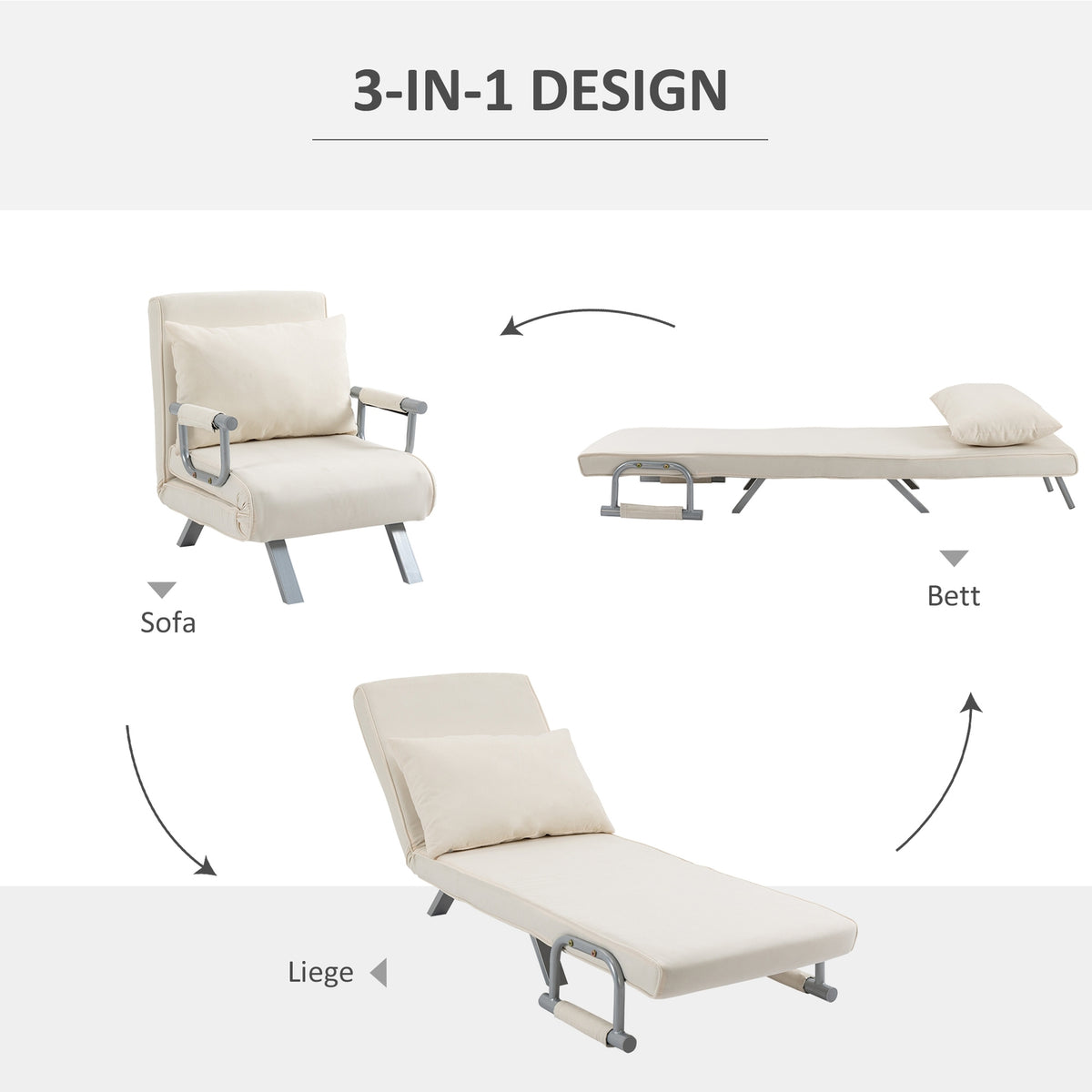 Sofa Bed With Armrests 3-In-1 Sofa Bed Guest Bed Folding Mattress Folding Bed Chaise Longue Multifunctional Polyester Cream 65 X 69 X 80 Cm