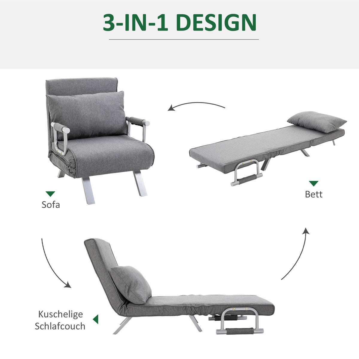 Sofa Bed With Armrests 65X69X80Cm 3-In-1 Sofa Bed, Guest Bed, Chaise Longue, Linen-Like Polyester, Grey