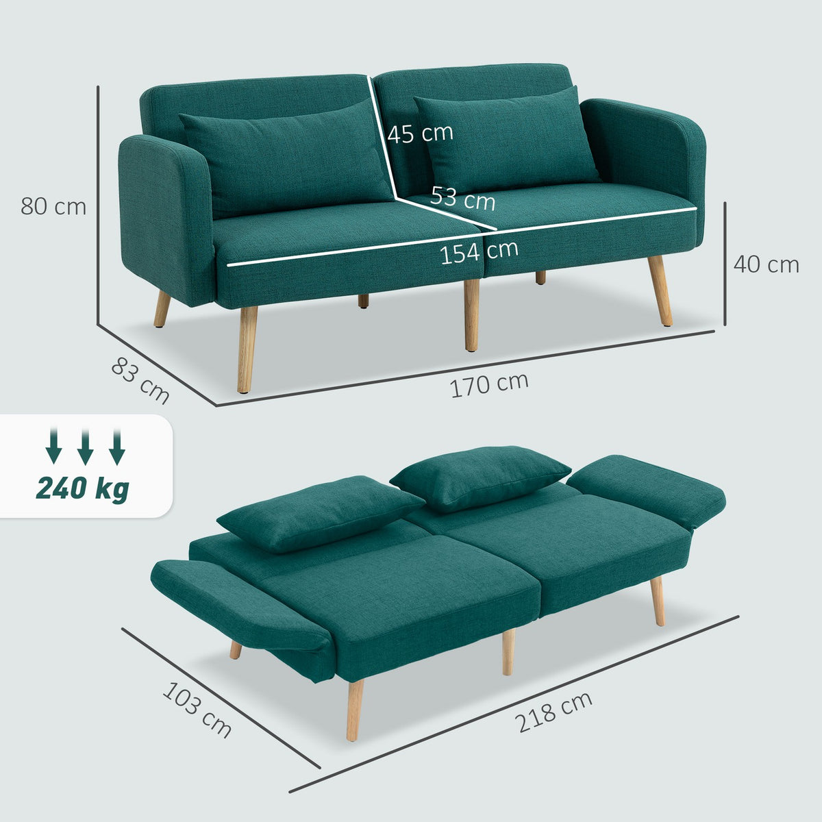Sofa Bed with Adjustable Backrest, Linen Look, Green