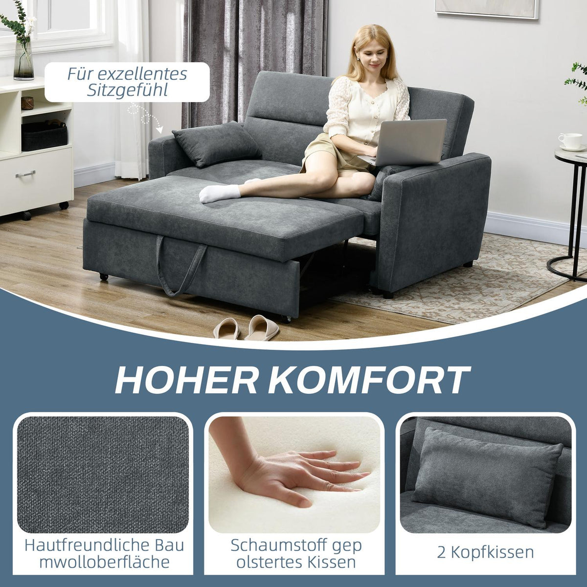 Sofa bed, 2-seater sofa with bed function, adjustable backrest, upholstered sofa with throw pillows, velvet look