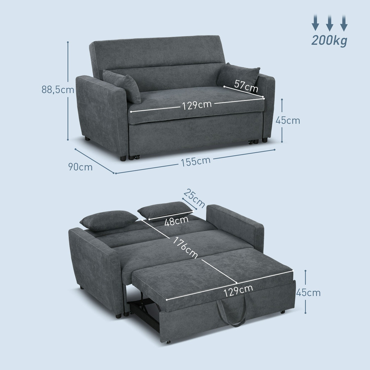 Sofa bed, 2-seater sofa with bed function, adjustable backrest, upholstered sofa with throw pillows, velvet look