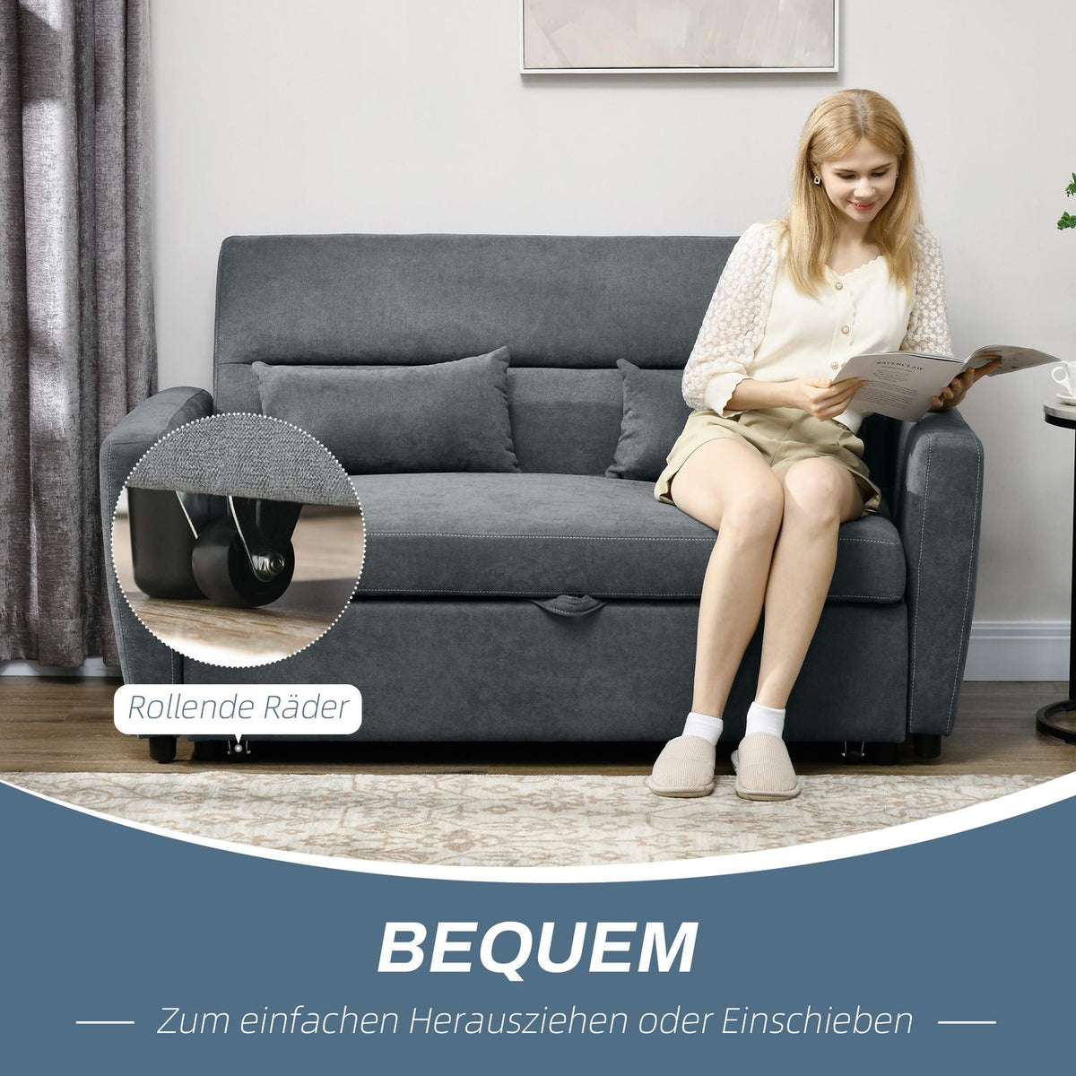Sofa bed, 2-seater sofa with bed function, adjustable backrest, upholstered sofa with throw pillows, velvet look