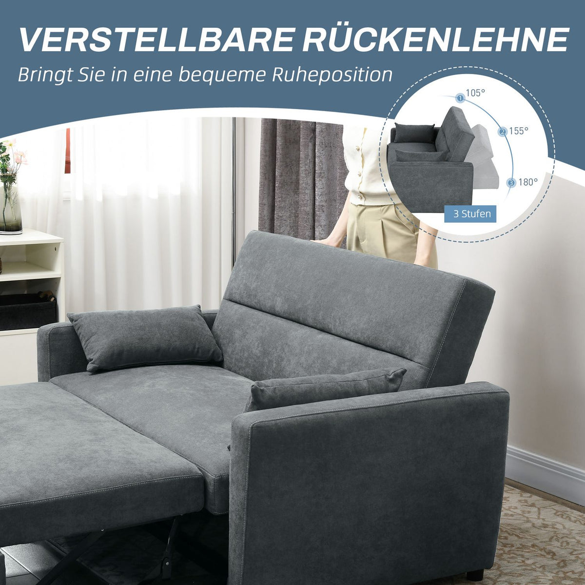 Sofa bed, 2-seater sofa with bed function, adjustable backrest, upholstered sofa with throw pillows, velvet look