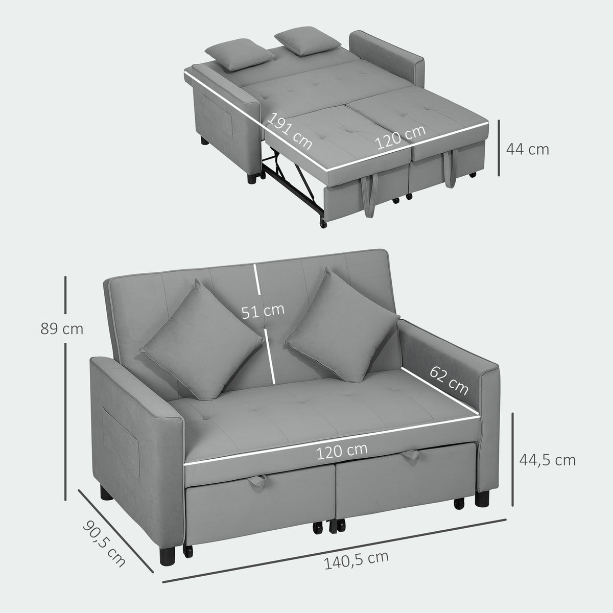Sofa bed, 2-seater sofa with sleep function, adjustable backrest, couch with cushions, velvet look, L-shaped sofa bed with bed box, castors for living room, guest room, gray |