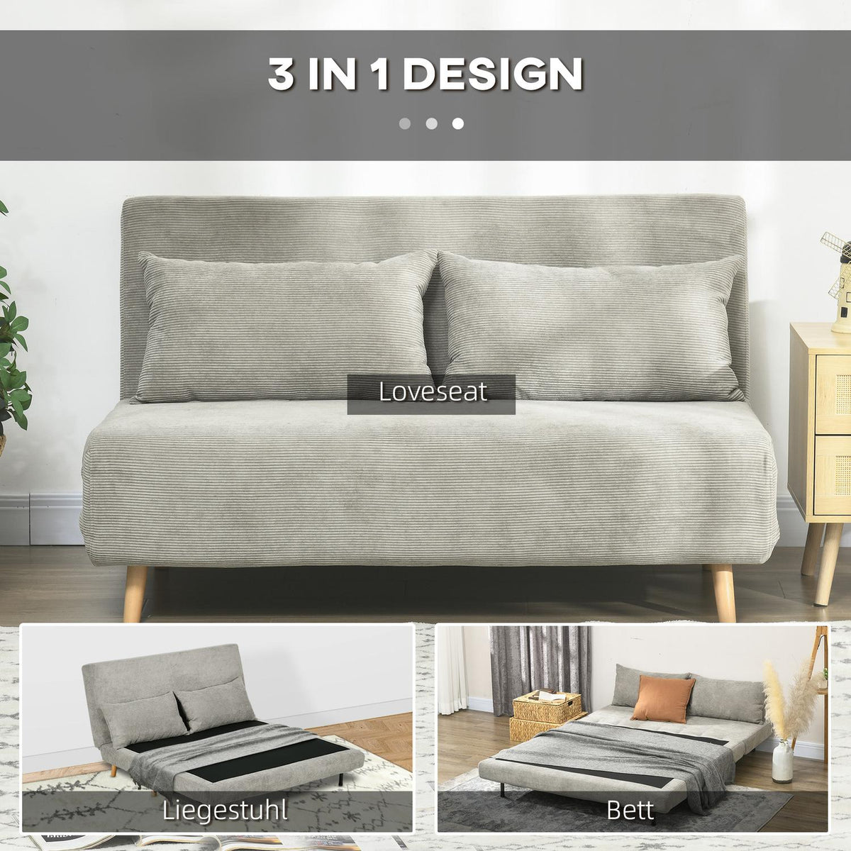 Sofa bed, folding bed with bed function, back cushion, upholstered sofa with adjustable backrest, velvet look, 141 x 90 x 81 cm, gray