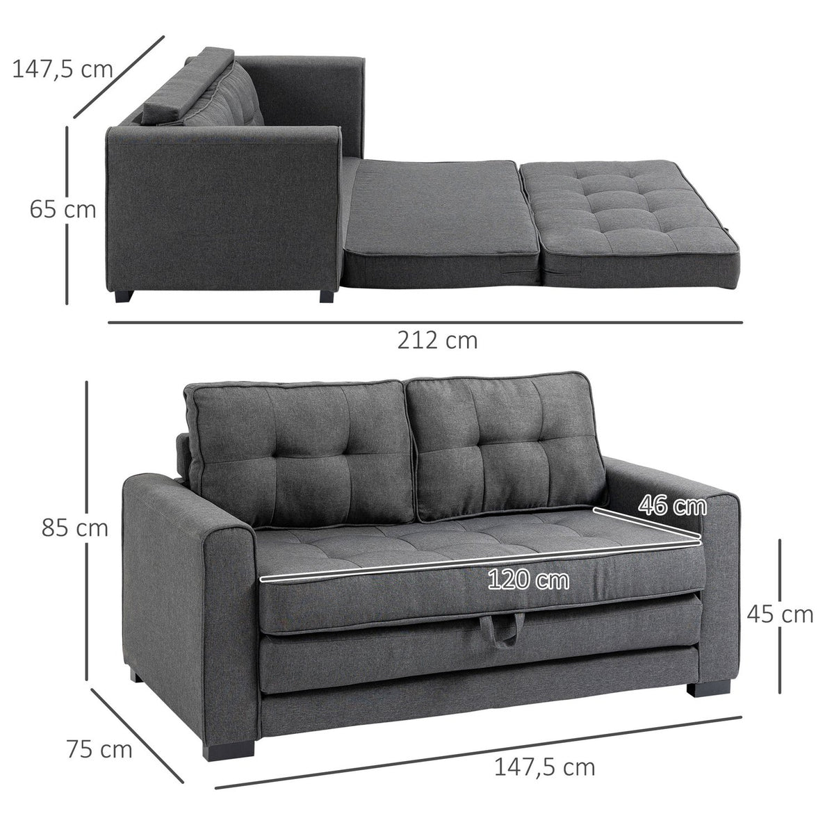 Sofa bed, folding sofa, 2-seater, sofa bed with sleep function, linen touch, rubber wood, gray, 147.5x75x85cm