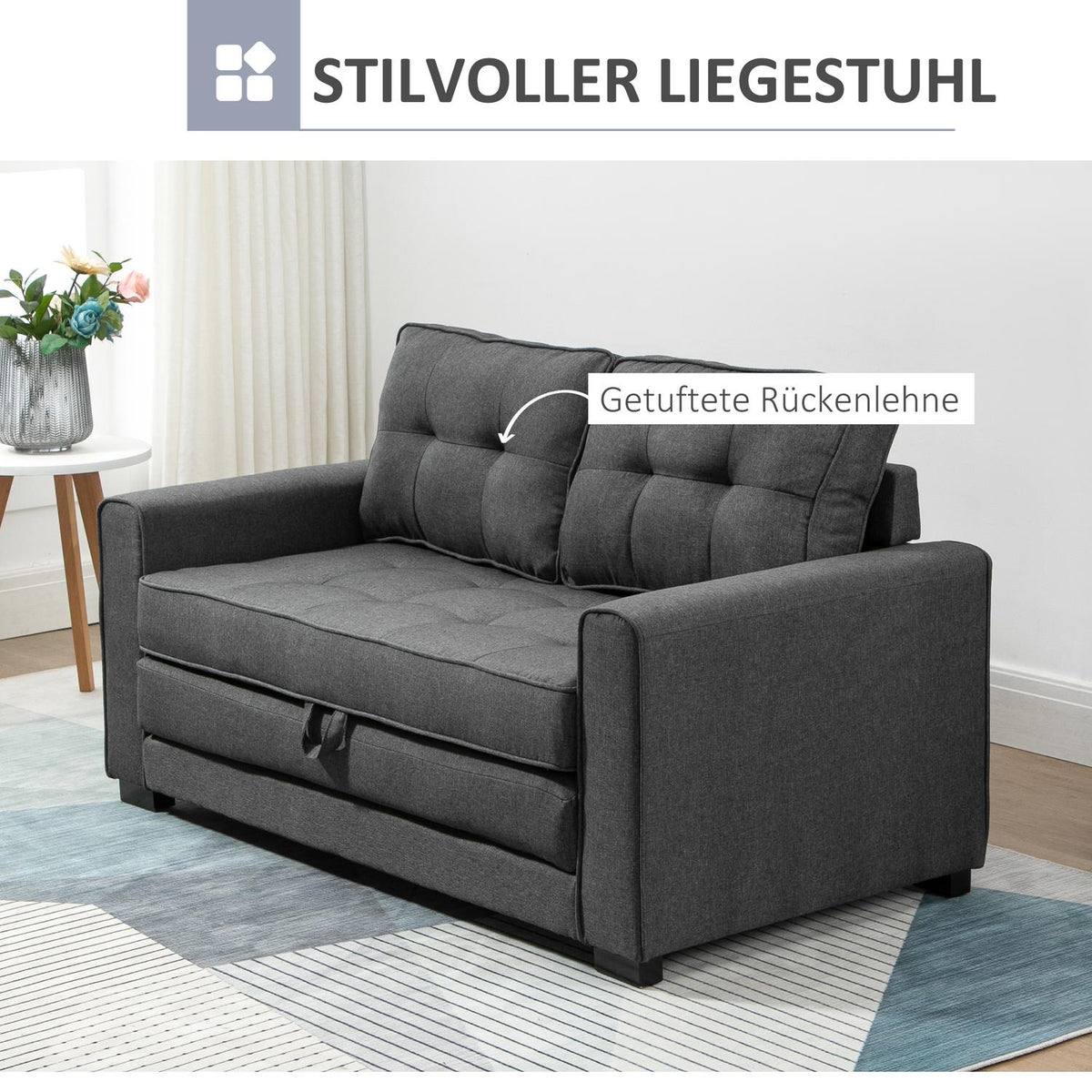 Sofa bed, folding sofa, 2-seater, sofa bed with sleep function, linen touch, rubber wood, gray, 147.5x75x85cm
