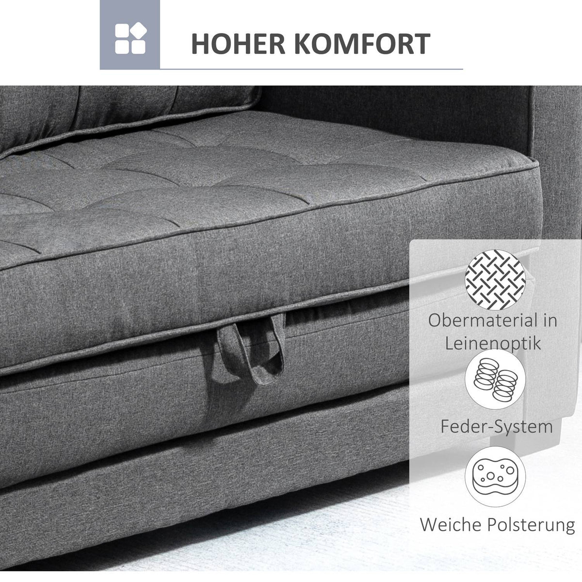 Sofa bed, folding sofa, 2-seater, sofa bed with sleep function, linen touch, rubber wood, gray, 147.5x75x85cm