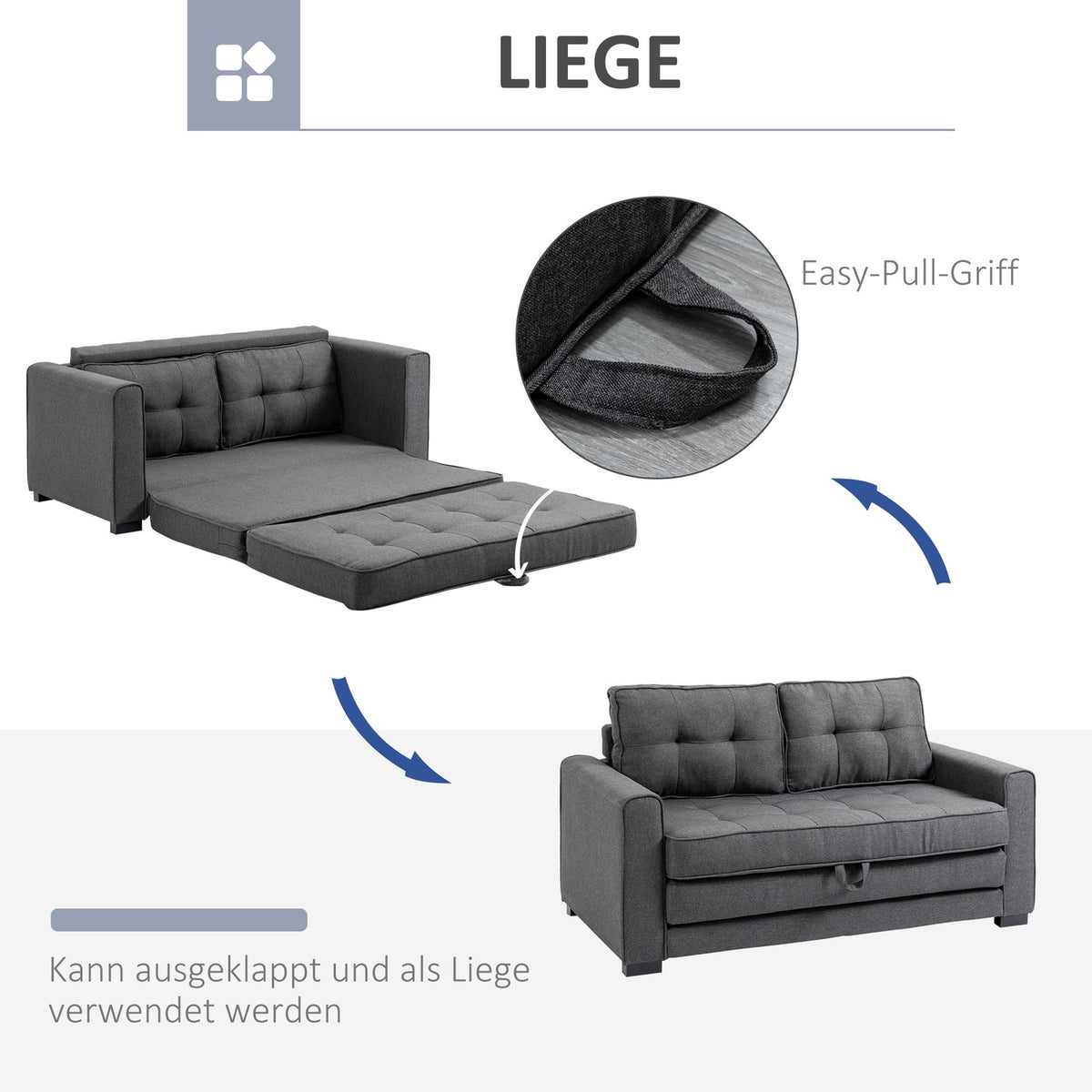 Sofa bed, folding sofa, 2-seater, sofa bed with sleep function, linen touch, rubber wood, gray, 147.5x75x85cm